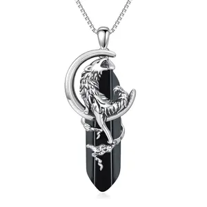 Black Hexagon Crystal & Silver Wolf Pendant Necklace, Rhodium-Plated Box Chain 18+2 Inches | 925 Sterling Silver