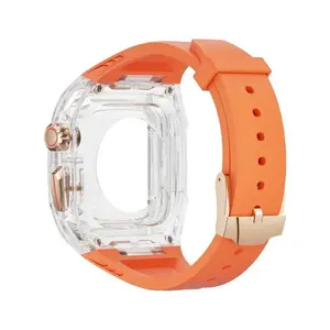 Modification Kit Case Strap for iWatch Ultra1 2 49mm TPU Band Transparent Cover for iWatch Ultra 3 49mm with Orange Strap and Stainless Steel Needle Buckle