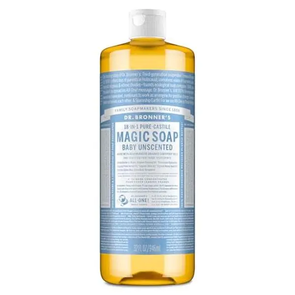 Dr. Bronner's Pure-Castile Magic Soap (Baby Unscented, 32 Ounce) – Made with Regenerative Organic Certified Oils – For Sensitive Skin, Babies, Face, Hair, Laundry, Dishes, Hand Soap & Body Wash