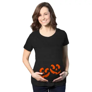Maternity Twin Pumpkin Faces T Shirt Cute Halloween Jack-O-Lantern Pregnancy Tee Funny Graphic Maternity Tee Cute Pregnancy Tees With Plus Sizes Pregnant Halloween Maternity Wear Maternity Shirts Black