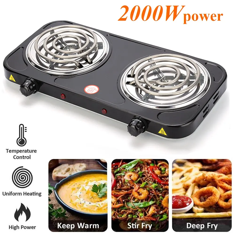 Electric Countertop Burner 2 Burner, 2000W Portable Cooktop with Dual Coil Hot Plates, Temperature Control & Indicator Lights, Easy Clean Stove Top