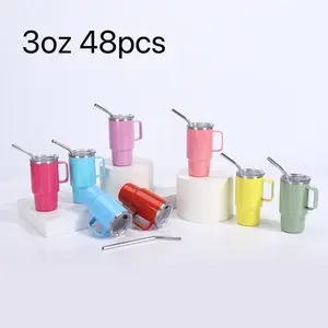 48pcs 3oz mini travel cups with handles, small wine cups, 3oz multi-color double-layer vacuum cups, blank sublimation 3oz sublimation colorful mini cups with handles and metal straws, suitable for parties and celebrations