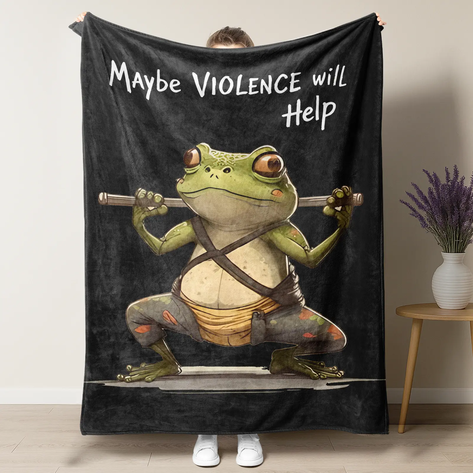 Funny Warrior Frog 'Maybe Violence Will Help’ Flannel Blanket,Cute Sarcastic Meme Frog Graphic Throw Blanket,Soft Cozy Warm Home Decor,Perfect Gag Gift,Birthday & Casual Gift For Meme Lovers, Friends
