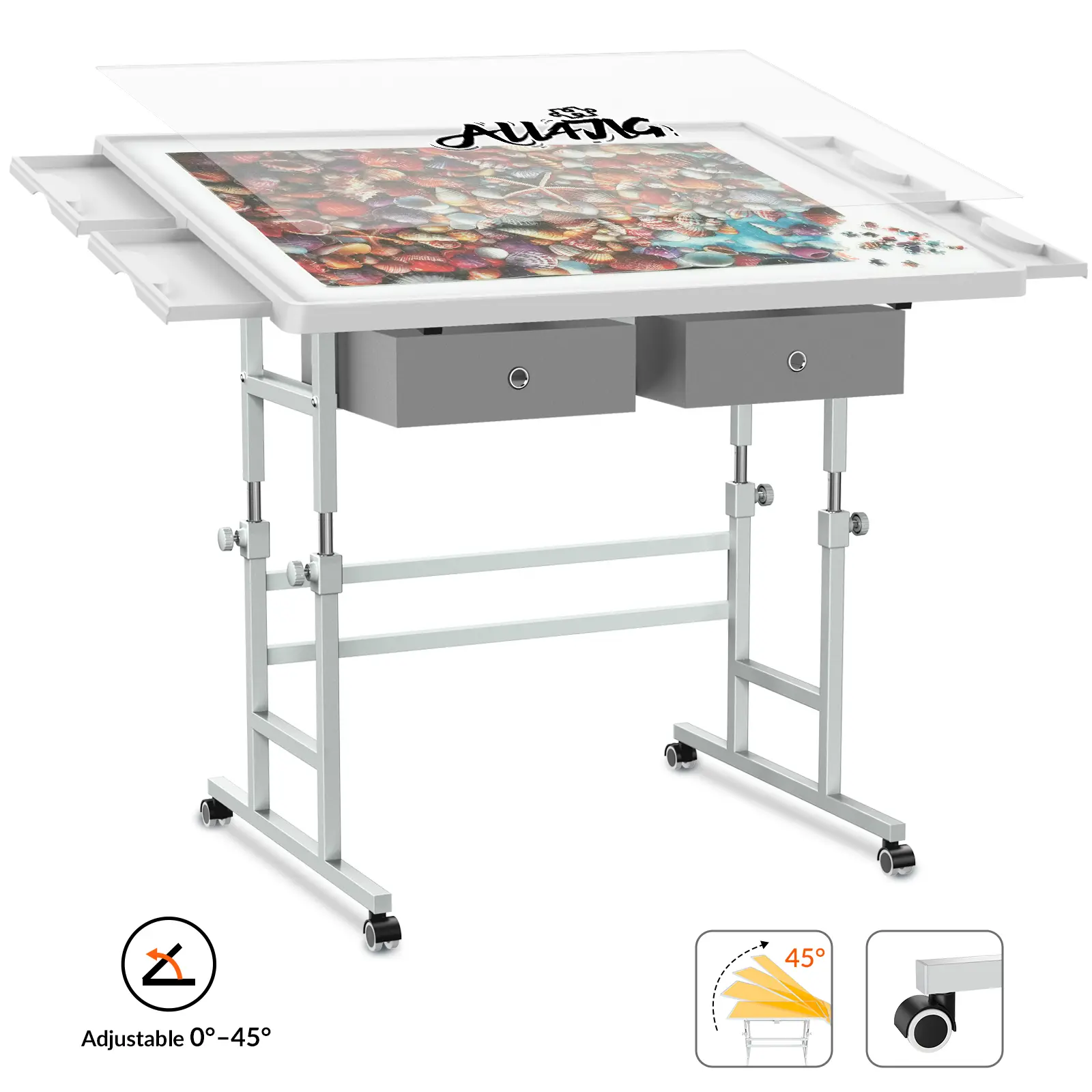 ALL4JIG 1000/1500 Piece Light-Weight Adjustable Tilting Plastic Jigsaw Puzzle Table for Adults and Mother’s Day Gift , 30"x22"/35"x26" Multi-Functional Puzzle Board with 4 Drawers & Protective Cover, 45-Degree Any-Angle Tilt