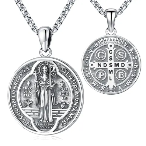 DRINSPER Leadfree 925 AG Silver Saint Benedict Medallion Necklace - 26x35.6mm Devil Pendant, Religion Jewelry, Christian Protection Amulet, Casual Adults' Gift for Birthday, Anniversary