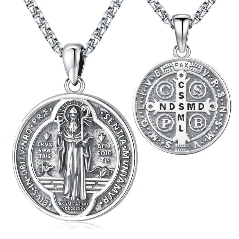 DRINSPER Leadfree 925 AG Silver Saint Benedict Medallion Necklace - 26x35.6mm Devil Pendant, Religion Jewelry, Christian Protection Amulet, Casual Adults' Gift for Birthday, Anniversary