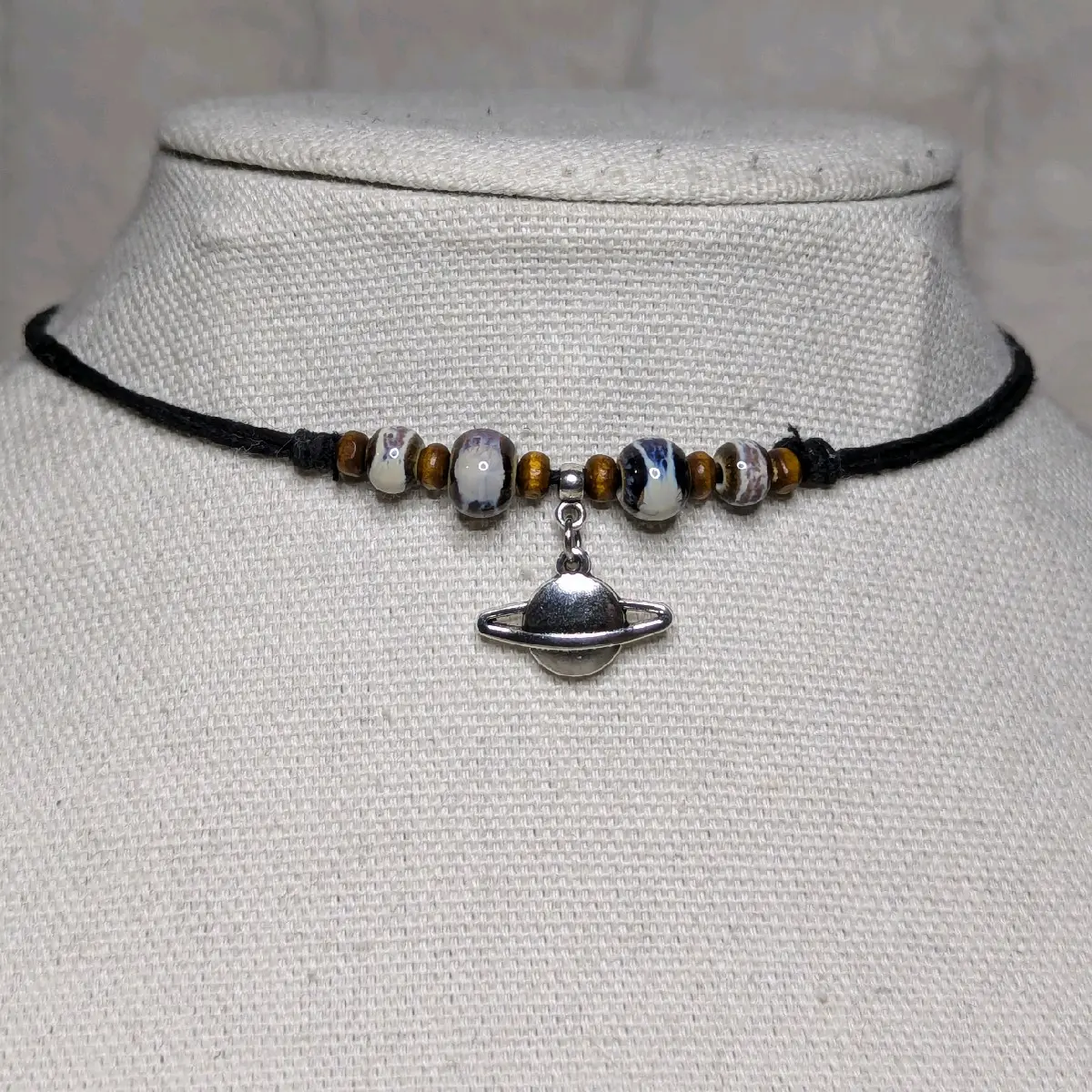 Ceramic Beaded Planet Charm Silver Boho Hippie Whimsical Adjustable Black Rope Cord Choker Stacking Necklace