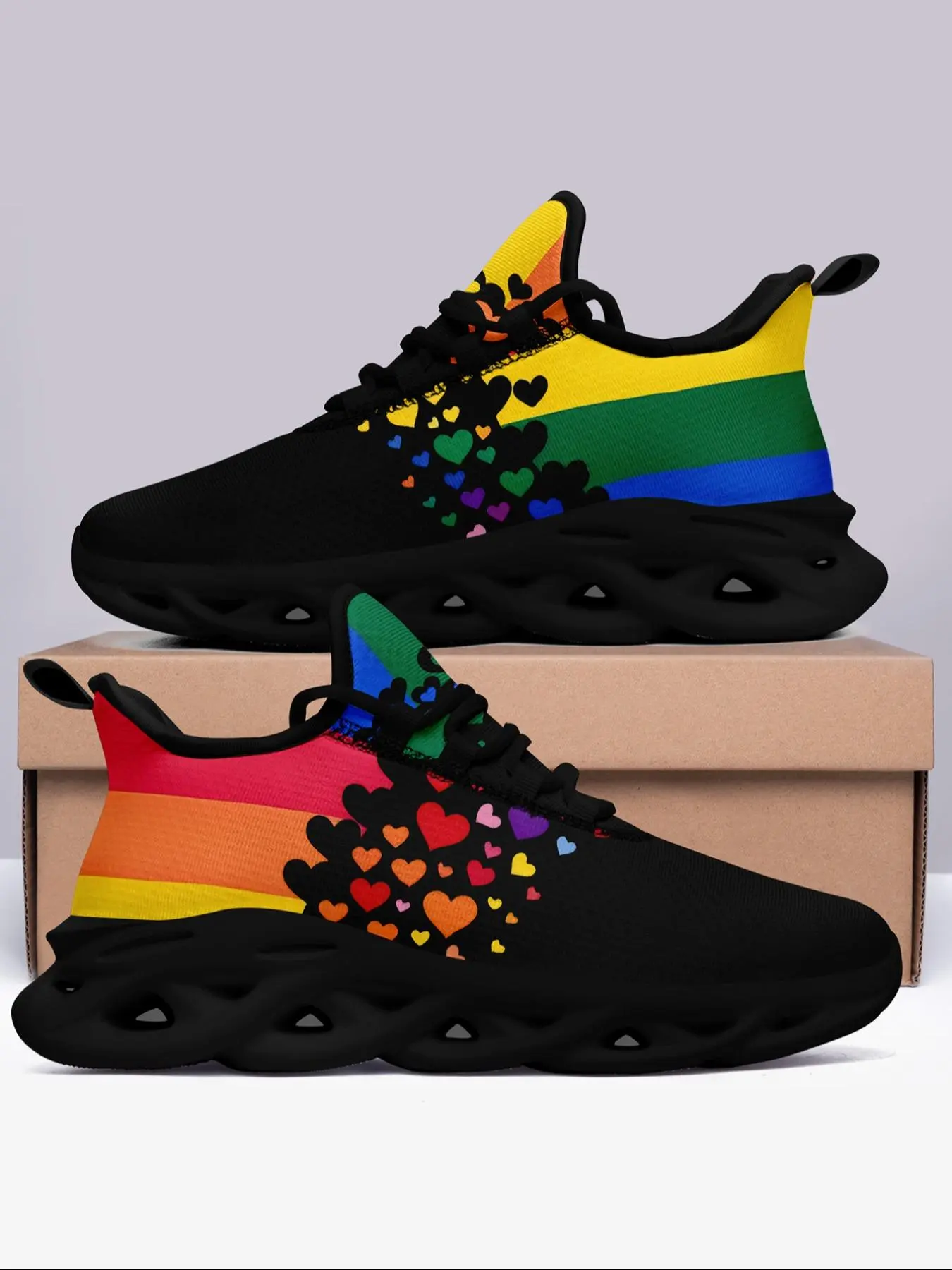 Women's LGBT Rainbow Design Lace Up Running Shoes, Casual Comfortable Breathable Non-slip Sneakers, Trendy Running Shoes, Fashionable Sports Shoes for Daily Wear