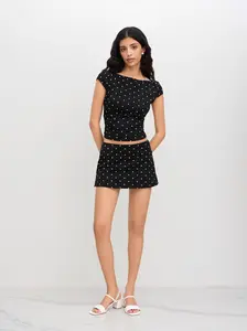 Women’s Polka Dot Ruched Top & Mini Skort Set – Boat Neck Cute 2 Piece Summer Outfit