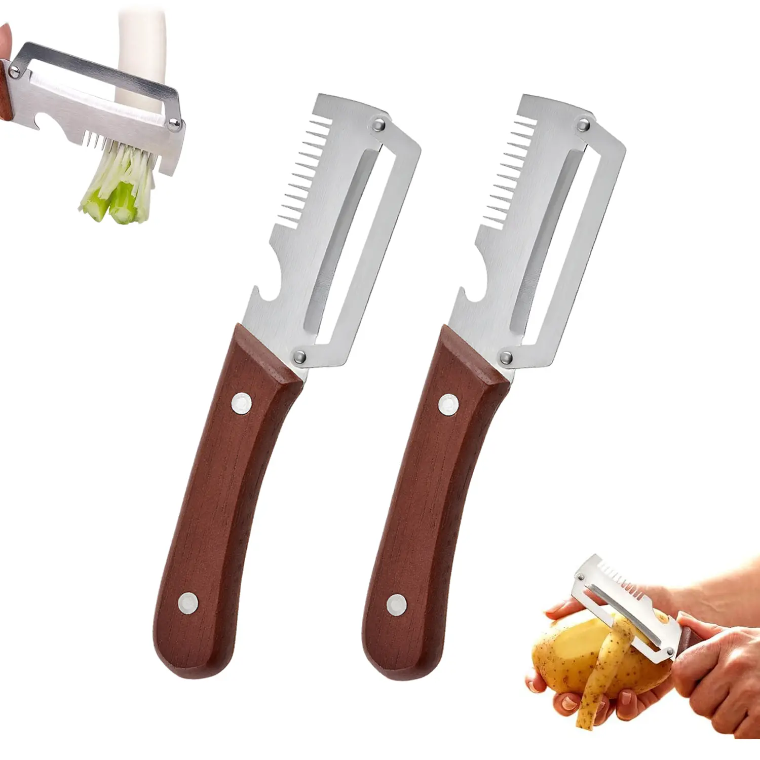 3-in-1 Fruit & Veggie Peeler with Wooden Handle and Bottle Opener Stainless Steel Blade Kitchen Tool for Fruit Apple Potato Pumpkin Papaya Zucchini