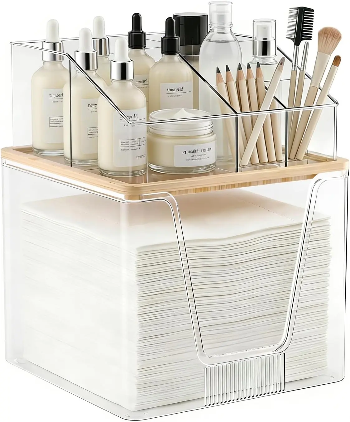 2 in 1 Disposable Facial Towel Holder and Cosmetic Organizer, Clear Storage with Bamboo Lid Compatible with Clean Skin Club Towel XL, Stackable Vanity Organizer for Bathroom Vanity Counter, 2 Tier