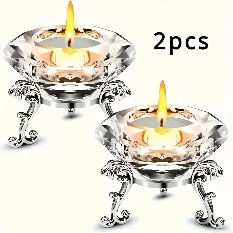 Stylish 2pcs K9 Clear Crystal Diamond Candlestick Set with Metal Stand, Glass Candlestick Holder – Ideal for Home, Office & Party Decor