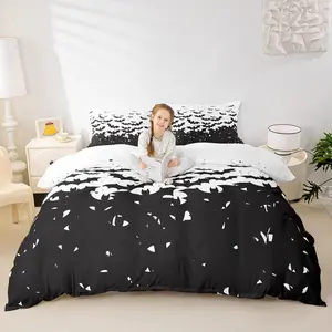 Black Bats Kids Duvet Cover Set,Happy Halloween Before Christmas Bedding Set,Boys Girls Adults Room Decor,Halloween Holiday Comforter Cover,Black White Simple Quilt Cover