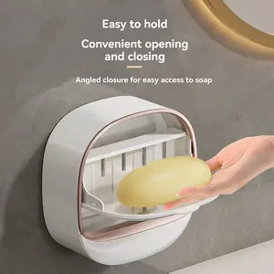 Soap Dish with Drainage Box, Wall Mounted Soap Holder for Shower,Keep Soap Bars Dry,Waterproof Soap Box with Flip Lid for Shower, Punch Free Soap Bar Holder, Soap Saver