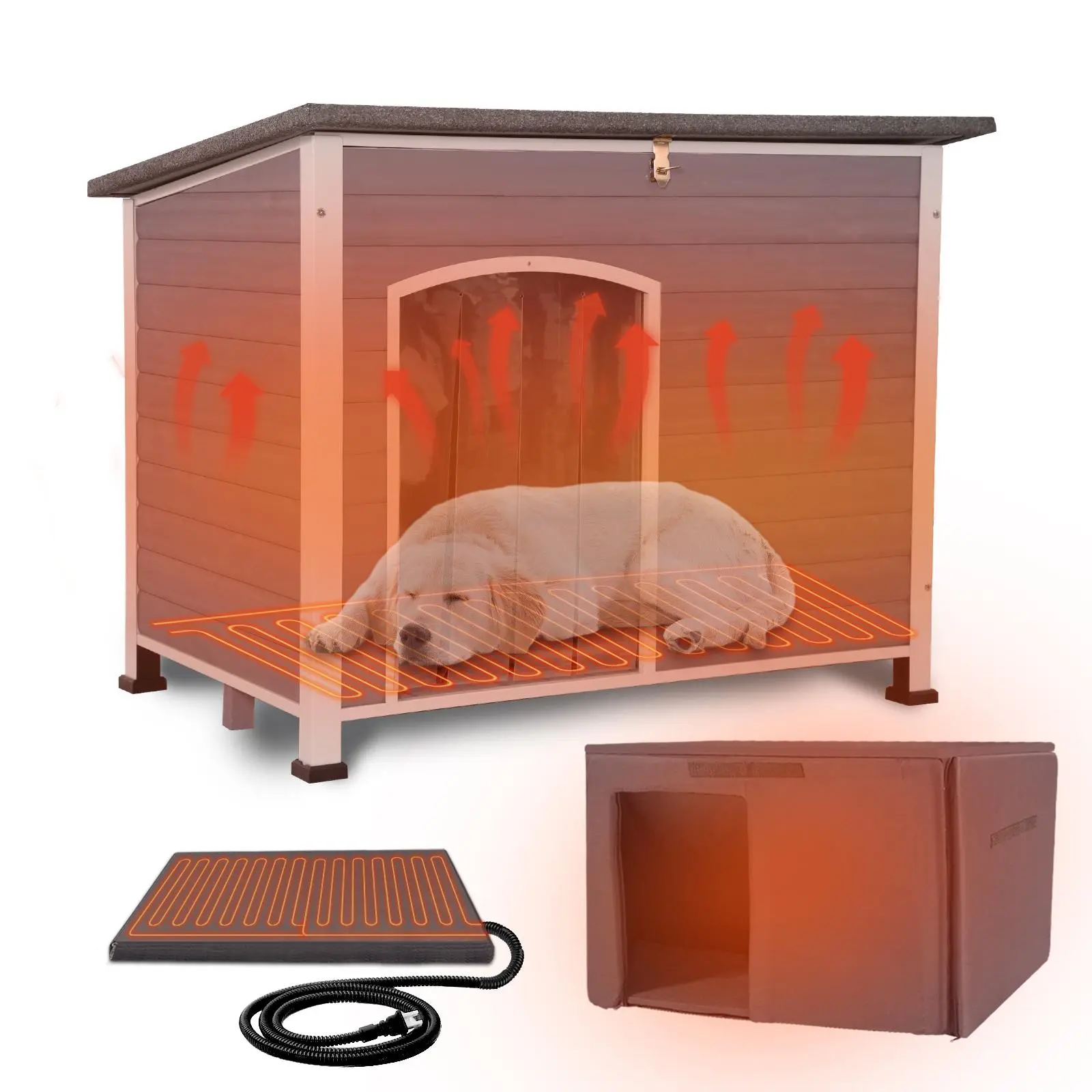 Aivituvin-AIR43-M-HP Heated Large Wooden Dog House with Metal Frame & UL-Certified Heating Pad for Winter Outdoor Use
