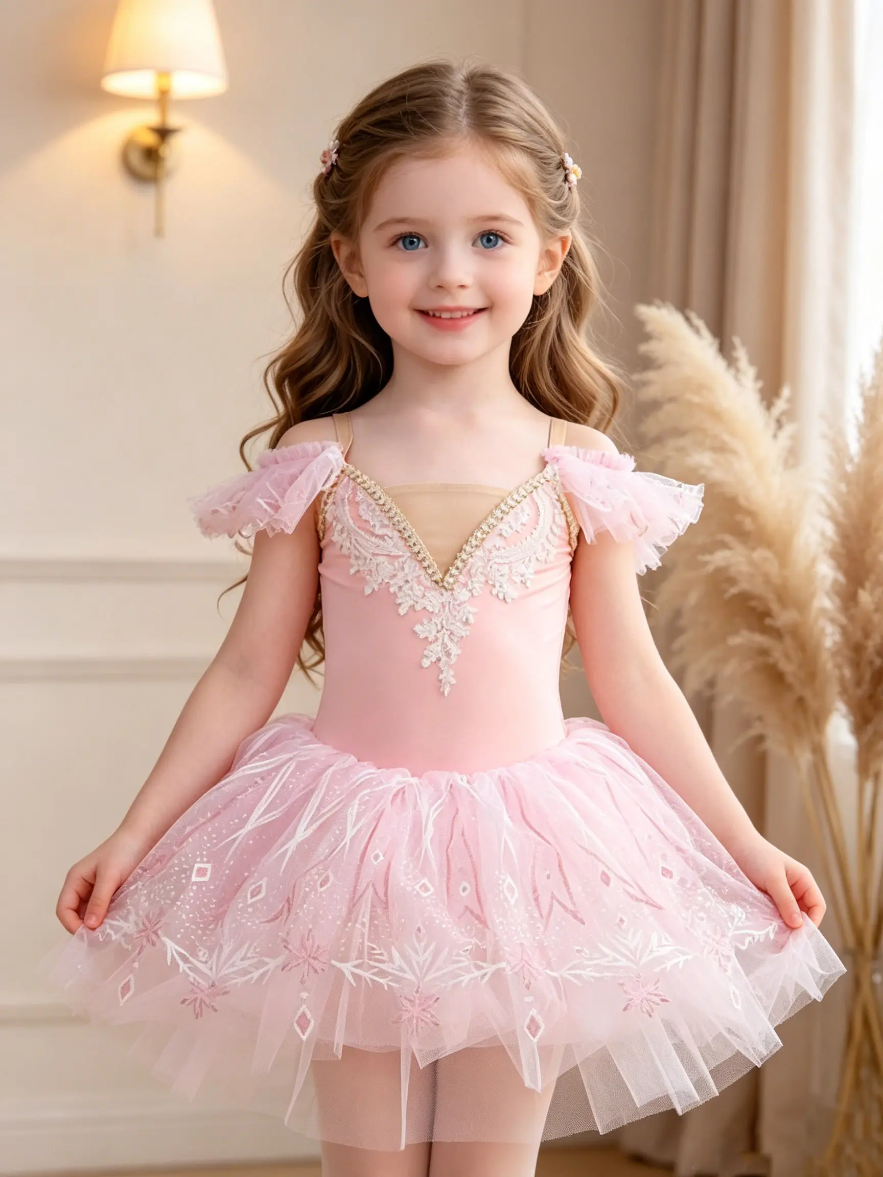 Toddler Girls Pink Off Shoulder Ruffle Trim Ballet Leotard V Neck White Lace Decor Snowflake Embroidery Fluffy Tulle Tutu Skirt Soft Outfit for Ballet Performance Christmas Party Princess Role Play