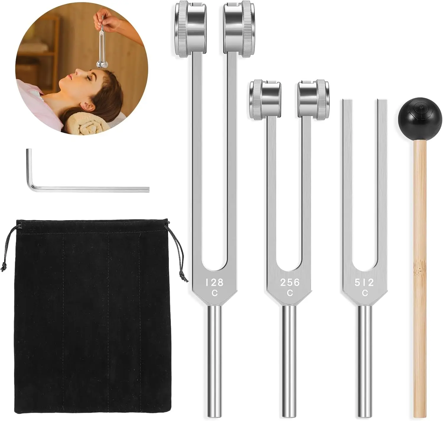 Resonance Tuning Forks for Healing Set - Weighted & Unweighted Tuning Fork Set Including 128Hz, 256Hz, 512Hz & Hockey Puck Activator - Chakra Sound Therapy Instruments Alloy
