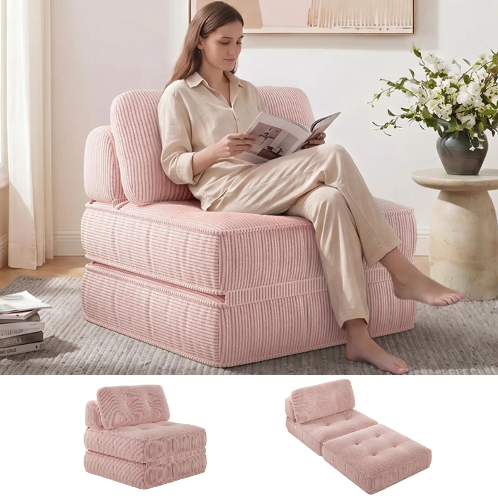 [SummerSale] Sikaic 3 in 1 Folding Sofa Bed Lounge Chair with Pillows, Modular Multi-Functional Armchair for Living Room, Bedroom, Home Office, Boneless Couches, Easy Assembly, Home Furniture, Dorm Essentials
