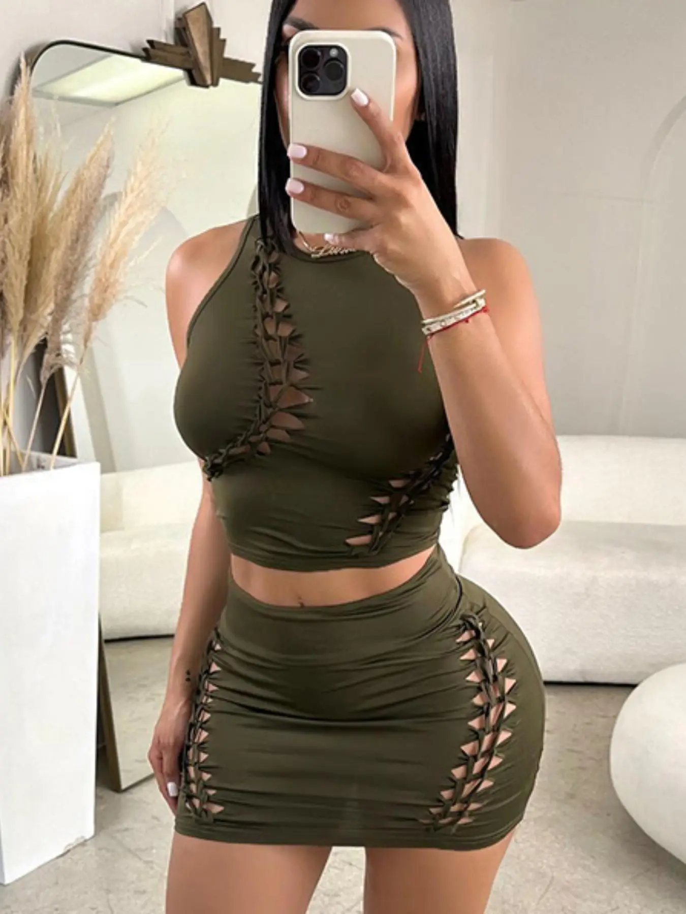 Women's Solid Hollow Out Crop Tank Top & High Waist Bodycon Skirt Set, Casual Fashion Cozy Fit Sleeveless Round Neck Top & Skirt for Daily Outdoor Wea