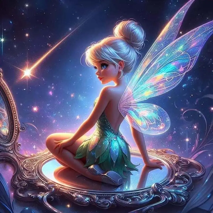 5D DIY Full Drill Round Diamond Painting - Diamond Art Kit Elf Wings, Starry Mirror, Green Skirt, Mosaic, Canvas, Crafts - DIY Decorative Painting, Home Wall Decoration, Halloween and Christmas Gifts