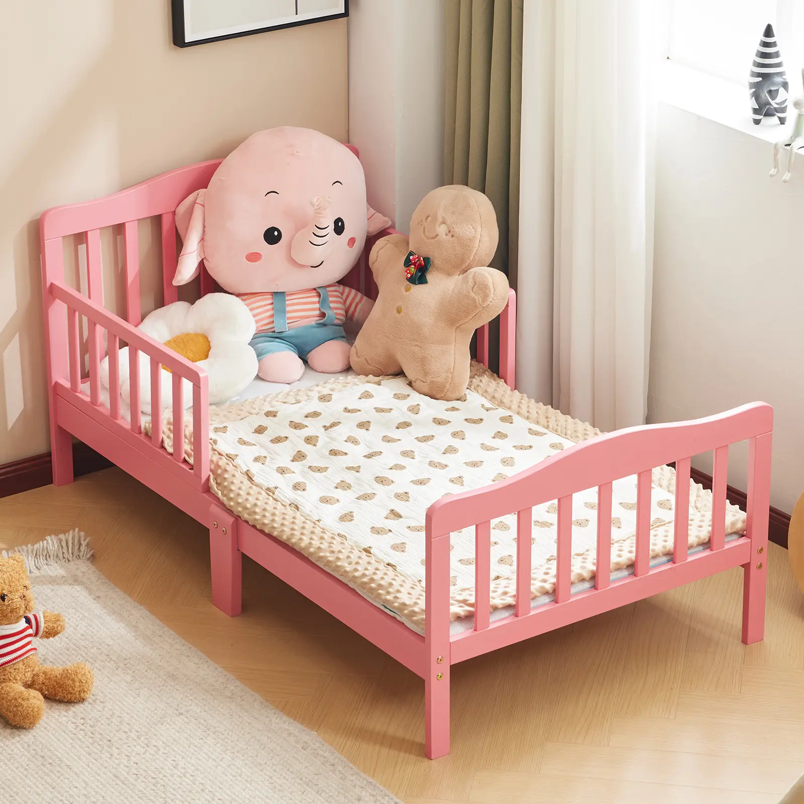 Solid Pine Wood Toddler Bed Frame with Side Rails - Low Profile Pink Kids Furniture Bedroom, Small Size Single Tier Smooth Paint Daybed for Toddlers