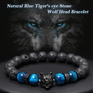 1pc Men’s Wolf Head Bracelet with Natural Blue Tiger’s Eye & Lava Stone Handmade Anxiety Relief Beaded Bracelet for Men, Stylish and Unique Design, Men’s Fashion Accessory | Bold Aesthetic Bracelet | Artisanal Craftsmanship