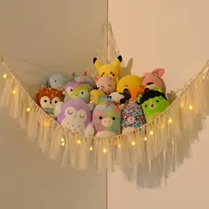 Stuffed Animal Storage Macrame Boho Plush Toy Net Hammock For Stuffed Animals With Light Pet Net For Stuffed Animals Corner Hanging Stuffed Animal Holder Teddy Bear Net For Kids Room