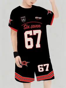 Boys' Basketball Set Summer Sports Wear Size 67 Short Sleeves Shorts Two-Piece Casual Loose Fit Natural Waist All over Print Sportswear Set Sports Clothing Set Tee Shorts Set