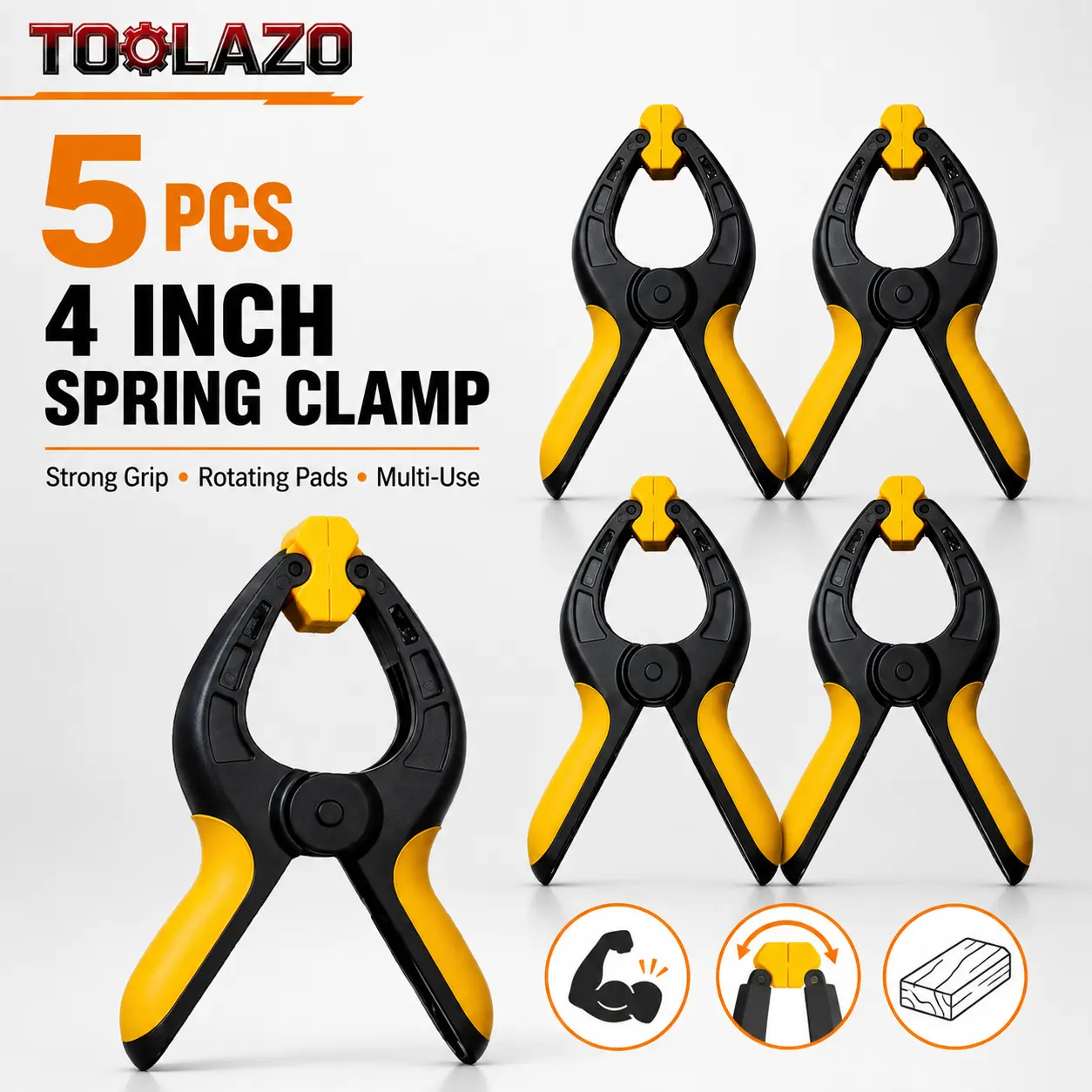 4-Pack 6-Inch Plastic Spring Clips, Black & Yellow Backdrop Holders with Pivoting Jaw Pads, Non-Slip Handles for Photography Studio, Coolant Hose Removal (Square Tool)