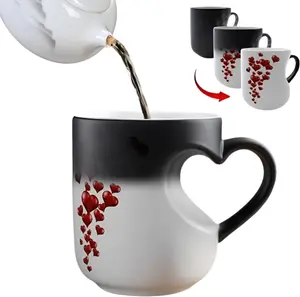 Heart-Shaped Color Changing Magic Ceramic Mug with Heart Handle - Thermochromic Magic Reveal Design, Black to White Reveals Romantic Surprise When Hot, Valentine’s Gift, Coffee Tea Cup, 11oz