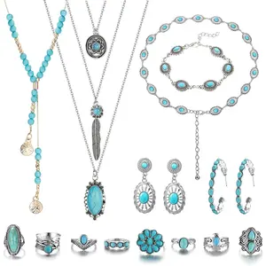 Florideco Bohemian Turquoise Jewelry for Women Men Western Turquoise Set Western Adjustable Belt Rings and Necklace Vintage Turquoise Drop Earrings Bracelet Western Boho Turquoise Jewelry for Women