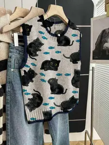 Women's Casual Fitted Soft Breathable Knit Top Vests, Round Neck Sleeveless Design, Cartoon Pattern Print, Perfect for Spring & Fall, Womenswear