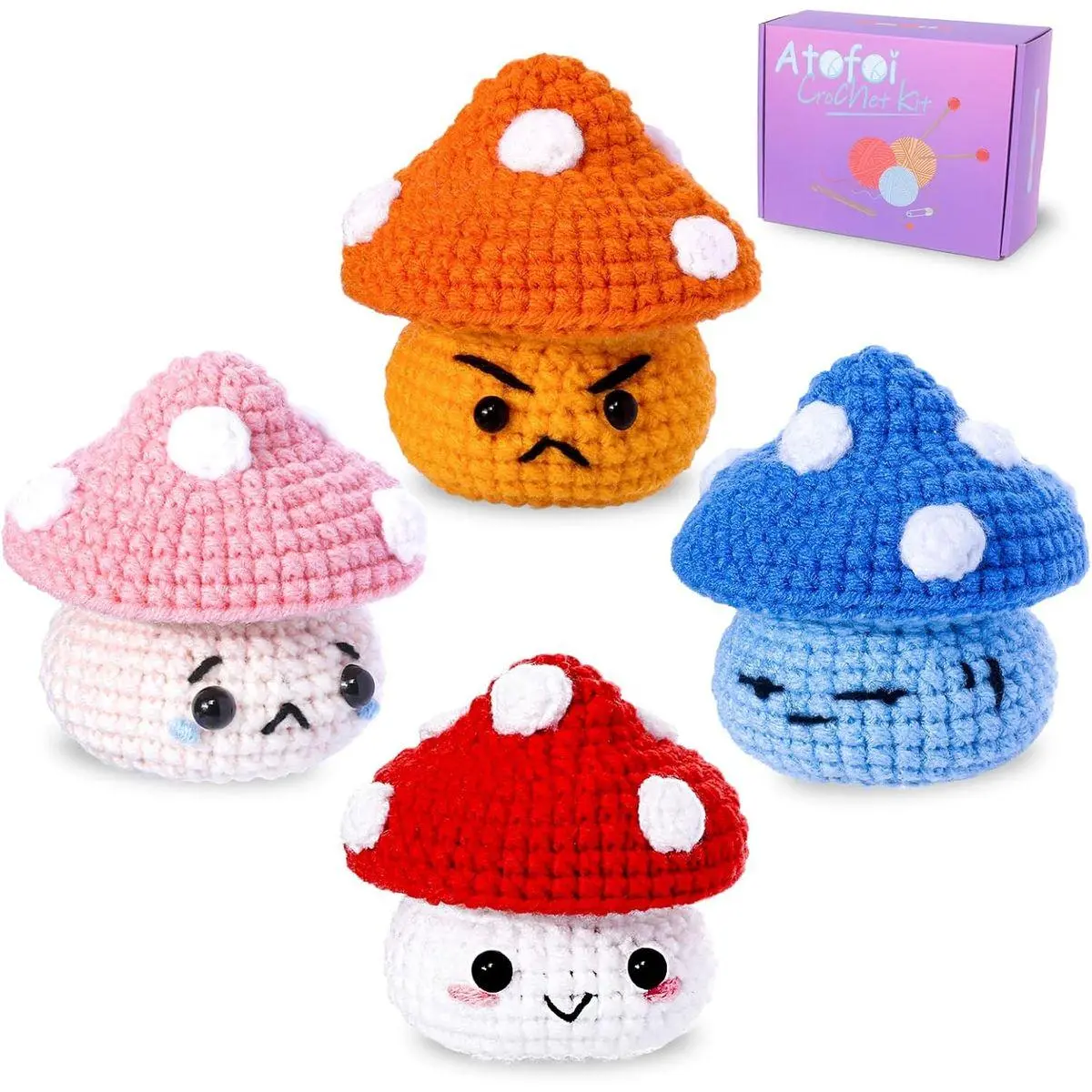 Crochet Kit for Beginners Adults Kids - Amigurumi Crochet Kit for Beginners with Step-by-Step Video Tutorials - Beginner-Friendly Yarn - Easy Learn to DIY Knitting Supplies - 4 Pack Mushroom