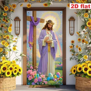 1PC Easter Jesus-Themed Decorative Banner - Flat 2D Print, Christian Cross, Rabbit, Easter Egg, Polyester Religious Festival Hanging Cloth for Home, Store Decoration