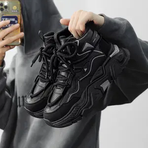 Men's Black High-top Elevator Platform Shoes - Fashionable Versatile Running Shoes, Invisible Height Increase, Casual Sports Style Suitable for Daily Wear.