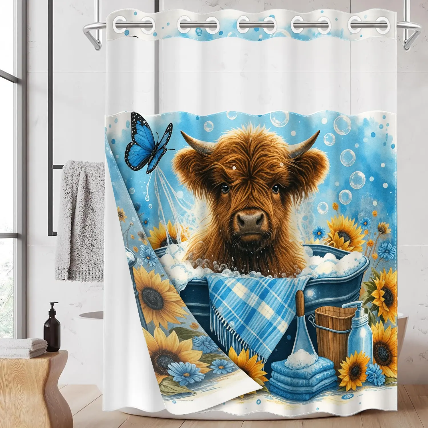 1pc 2D Flat hookless Decorative, Aesthetic shower curtain with snap fastener, inner lining, SunflowerBathtubCalf, waterproof, transparent window, double-layer, 71x74 inches, modern family decoration, Bathroom Supplies