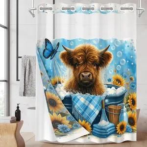 1pc 2D Flat hookless shower curtain with snap fastener, inner lining, SunflowerBathtubCalf, waterproof, transparent window, double-layer, 71x74 inches, modern family decoration, Bathroom Accessory, Bathroom Supplies