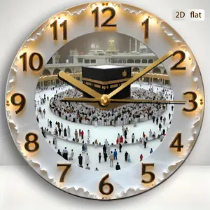 2D Flat, 1pc Islamic Style Mecca Kaaba Pilgrimage Wall Clock, Led Clock, Exquisite Round Mecca Kaaba Pattern, Golden Decor Crowd Scene, Silent Precise Timekeeping, Suitable for Living Room, Mosque, Muslim Home Decoration, Religious Festival Celebration
