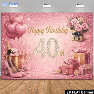 2D Flat Banner 1pc, 40Th Birthday Party Banner Backdrop Pink Golden Shimmer Theme Rhinestone Number 40 with Heart Balloons Champagne Gift Box And Roses Durable Material No Power Required Suitable for Indoor Outdoor Celebrations Ph