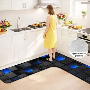 L-Shaped Kitchen Mat, Blue Tile Design, Non-Slip Upgrade Bottom, Perfect for Entryway, Bathroom, Kitchen, Bedroom, Holiday Gift Idea