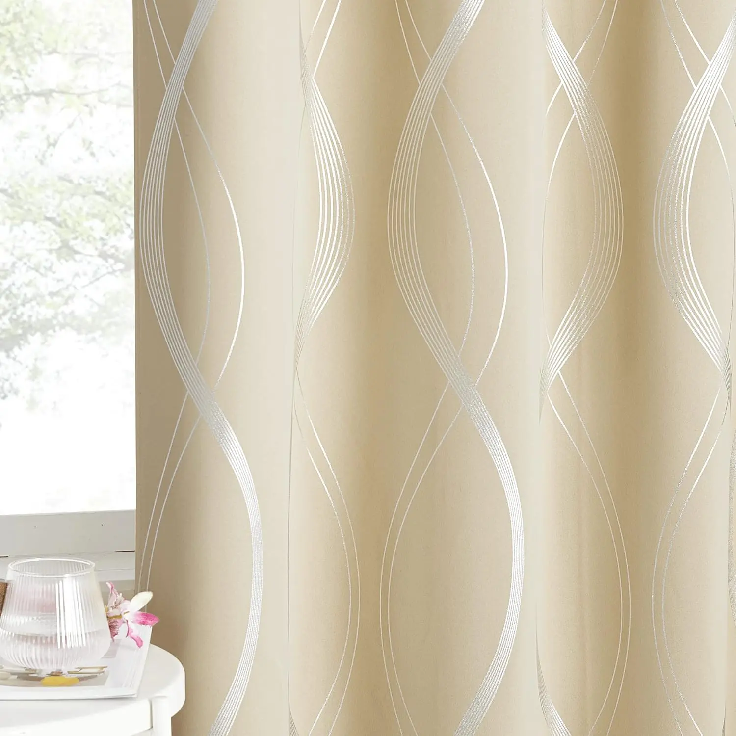 NICETOWN Biscotti Beige Grommets Wave Curtains - 2-Pack 52x63in Patterned Modern Darkening Thermal Insulated Window Treatment for Bedroom, Living Room, Darkening Curtains, Modern Curtains