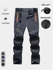 Men's Outdoor Casual Breathable Comfort Soft Shell Hiking Pants, Multiple Zip Pockets, Adjustable Waistband, Durable Waterproof Long Pants Trouser