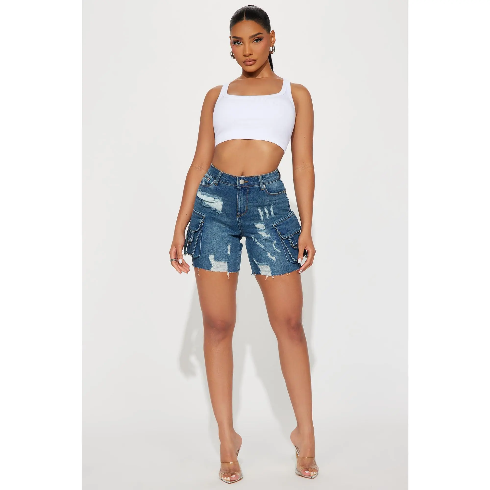 Find A Way Stretch Cargo Denim Shorts - Dark Wash
