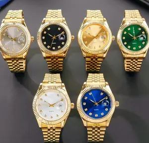 Dennis watches Classic Dials in Gold Black Green Blue with Gold Circular Bezel 40mm Gold Stainless Steel Bracelet Simple Elegant Mechanical Watch