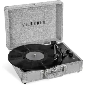 Portable Wireless Suitcase Turntable Record Player - 33/45/78 RPM, Anti-Skip, Auto-Stop, Bluetooth, Built-in Stereo Speakers, RCA Output, Light Grey Linen