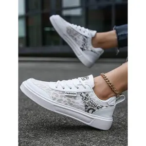 Women's Summer Letter & Leopard Patchwork Design Lace Up Sneakers, Designer Workout Sneakers, Comfortable 2025 Sports Shoes, Contrast Mesh Round Toe Skate Shoes