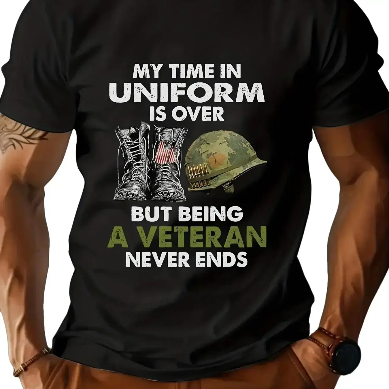 Men's Military Veteran T-Shirt - "My Time in Uniform is Over But Being a Hero Never Ends" Army Navy Air Force Marine Corps Insignia Design, Black with White Print, Casual Crew Neck Cotton Blend Tee for Veterans, Soldiers, Family Gifts Graphic Outfit