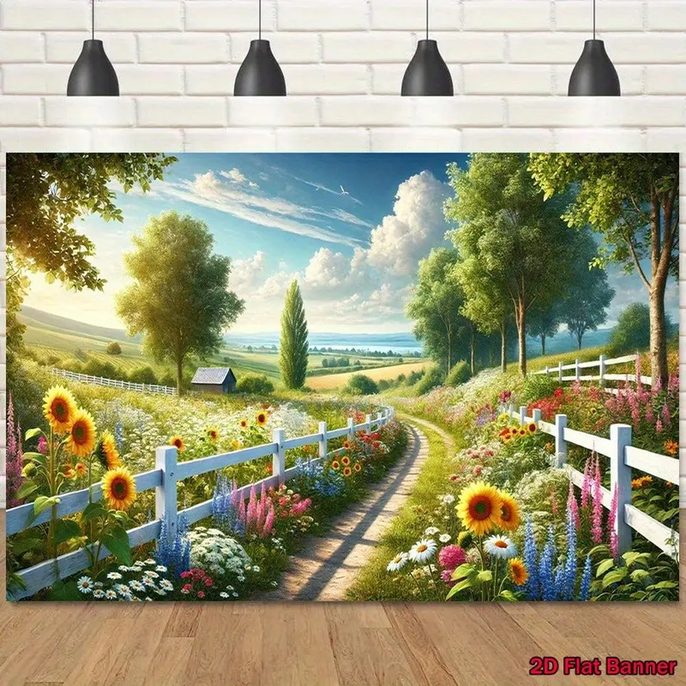 8x6ft 2D Flat Polyester Countryside Photography Backdrop - Winding Path, Wildflowers, Sunflowers Scenic Wall Hanging, All-Season, Indoor/Outdoor Use, Party Decorations Banners