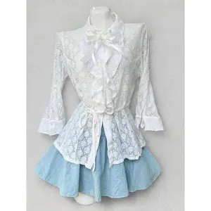 Autumn American Retro Denim 3 Piece Set Women Y2k Blue Chic Vest Long-sleeved Shirt Fluffy Skirt Feamle Korean Popular Clothes