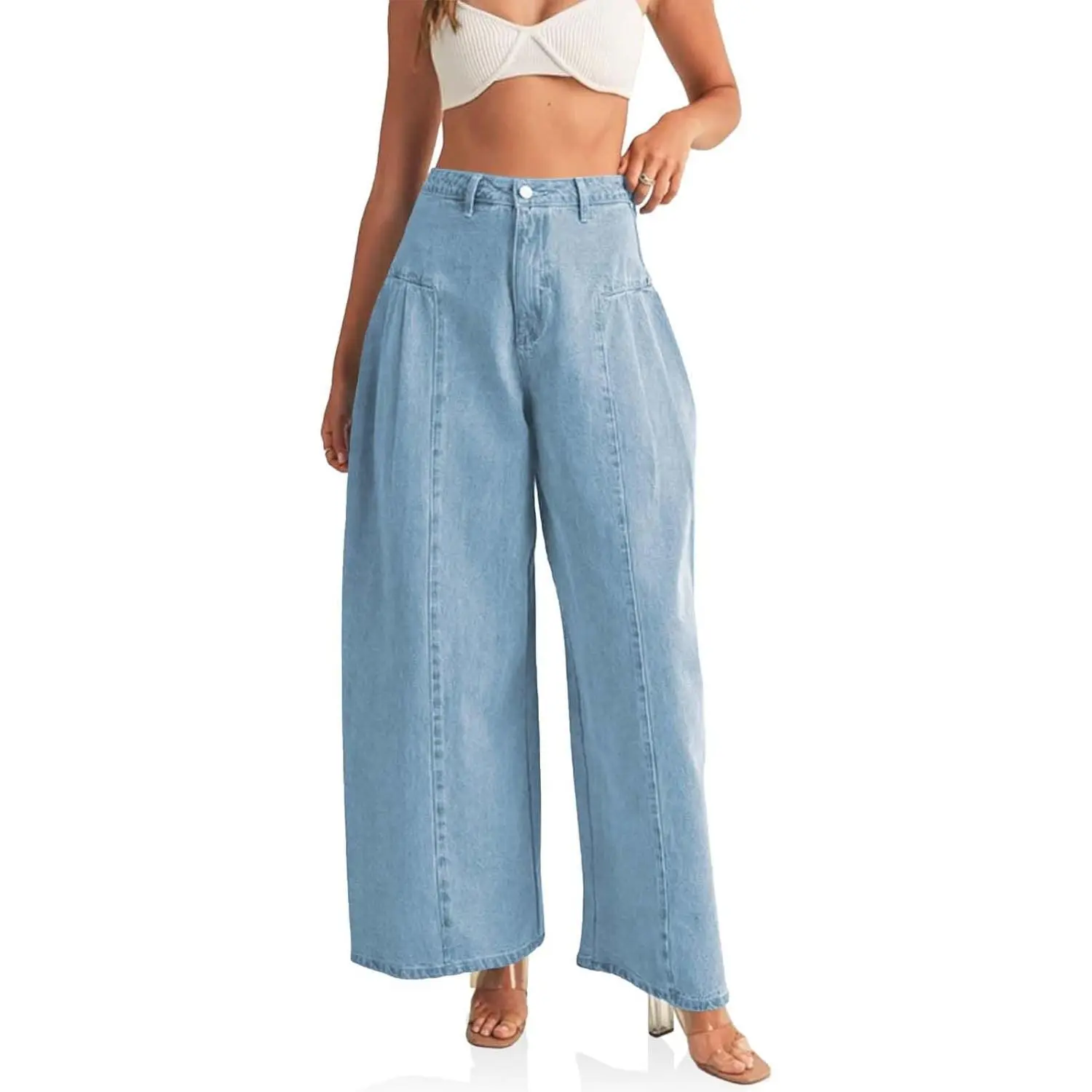 Imily Bela Womens Baggy High Waisted Jeans Loose Boyfriend Wide Leg Side Pleated Denim Pants